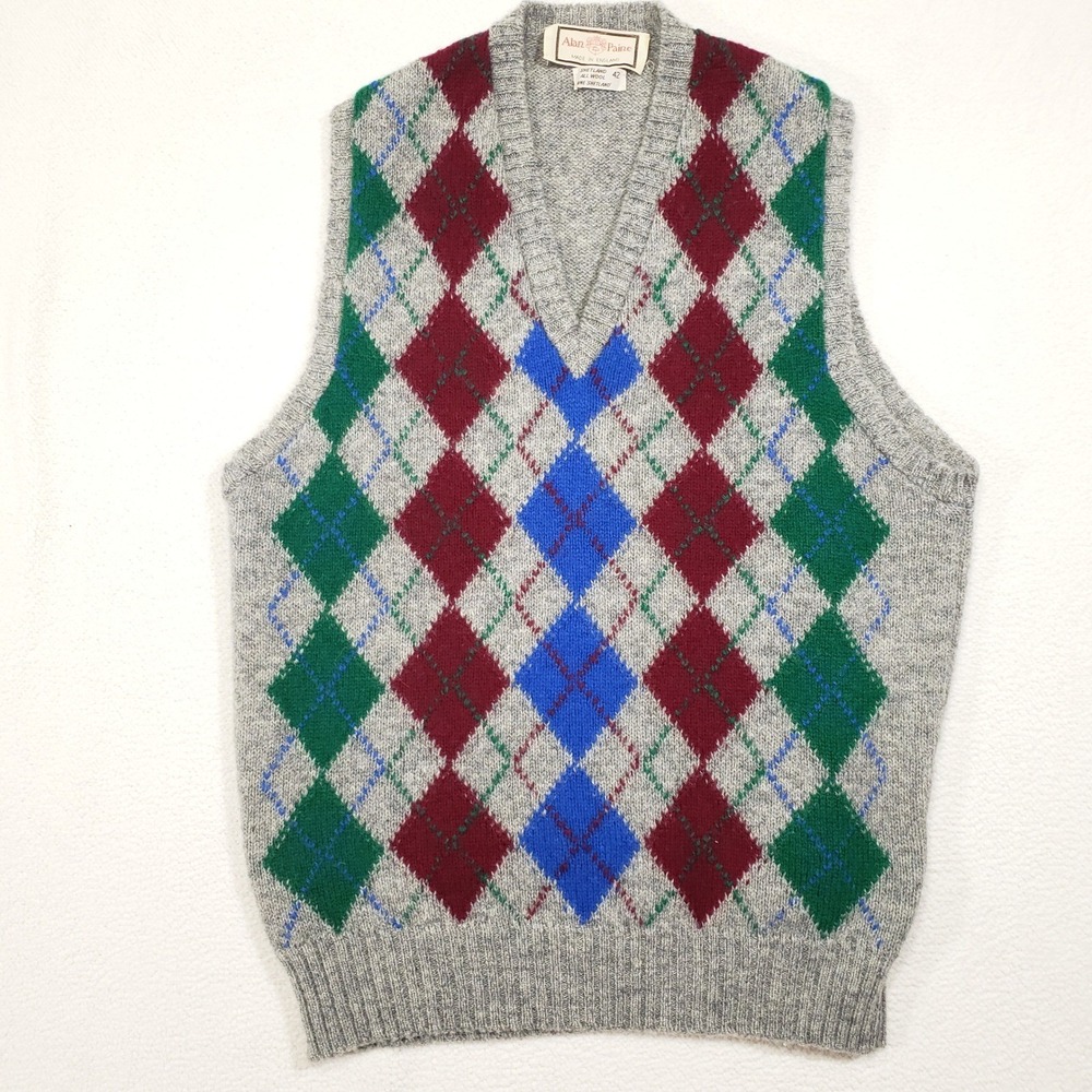 Alan Paine Sweater Vest Mens 42 Gray Argyle Shetland Wool V-Neck Made in England